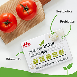 Box of mori-nu pls with vitamin D, Probiotics and Prebiotics callouts